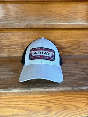 Ariat White and Black Mesh Cap with Red Southwestern Patch